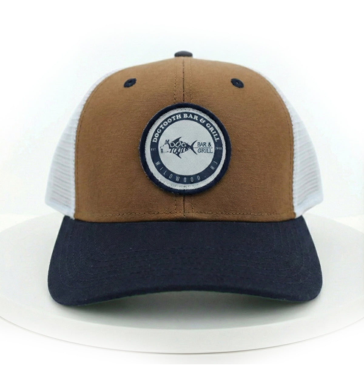 White, Tan, and Brown Classic Dogtooth Logo Trucker Hat