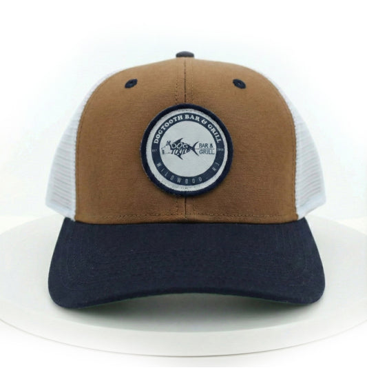 White, Tan, and Brown Classic Dogtooth Logo Trucker Hat