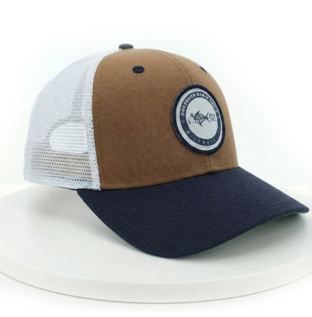 White, Tan, and Brown Classic Dogtooth Logo Trucker Hat