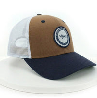 White, Tan, and Brown Classic Dogtooth Logo Trucker Hat